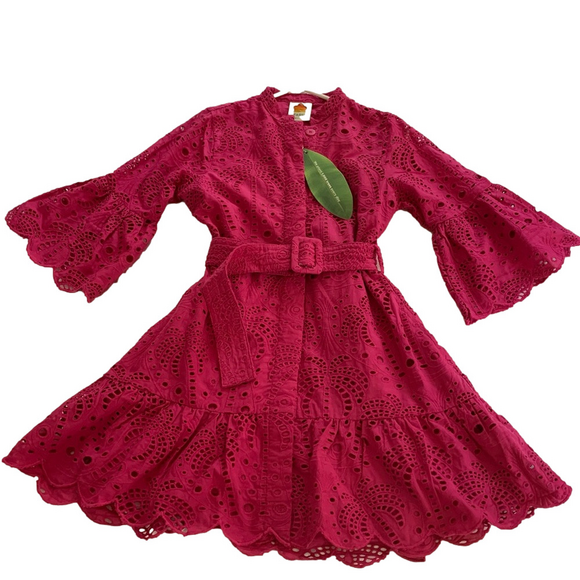 NWT FARM RIO PINK PALM TREE Print Fuchsia Eyelet Ruffle Lace Boho Mini Dress - Picture 5 of 11